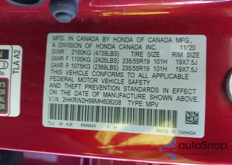 2021 Honda Cr-V Awd Touring z USA, uszkodzony, nr VIN 2HKRW2H99MH608208